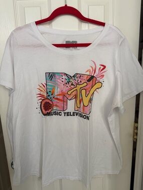 MTV White Tee with Yellow, Pink, Coral and Teal Graphic Logo